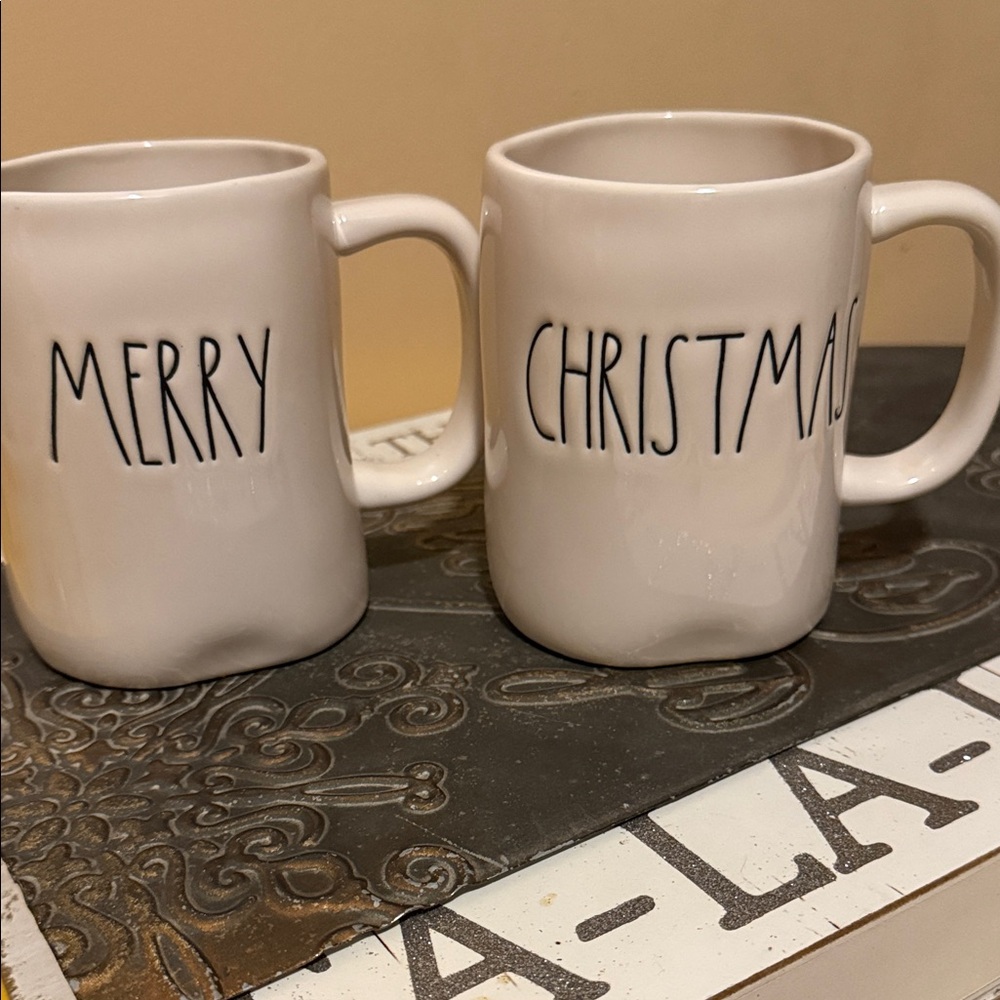 Rae Dunn Merry & Christmas White Mugs (set of 2)